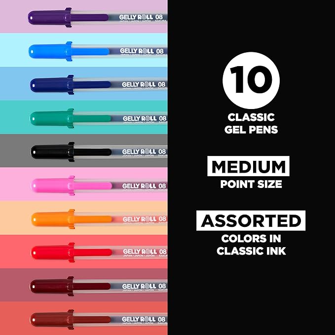 SAKURA Gelly Roll Gel Pens - Medium Point Ink Pen for Journaling, Art, or Drawing - Assorted Colored Ink - 10 Pack