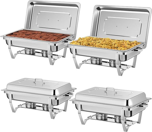Rengue 9.5 QT Chafing Dishes, 4 Pack High Premium Stainless Steel Complete Set, Rectangular Chafing Dish Buffet Set, Heating and Cooling Chafing Dish for Gatherings Banquet, Buffet, Party, Wedding
