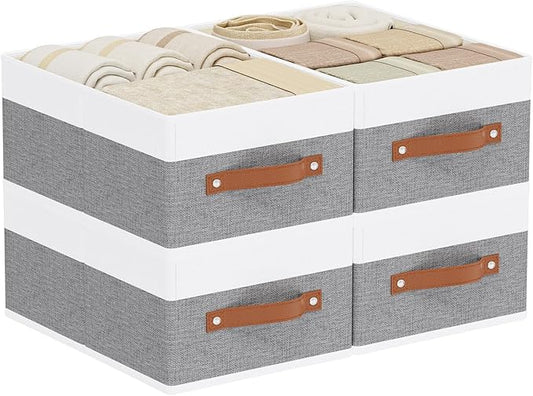 Storage Boxes, Storage Baskets with Handles, Cube Organizer Bins for Wardrobe Bedroom Laundry, 13 × 9.1 × 5.5 Inch, White and Grey, 4-Pack