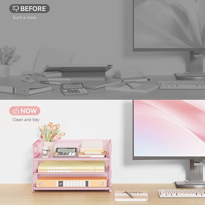 Subekyu 3 Tier Paper Letter Tray Organizer for Desk, Pink Metal Mesh File Folder Sorter Organizer with Handle and 1 PC Sliding Tray for Home Office School Desk Supplies Organization Storage