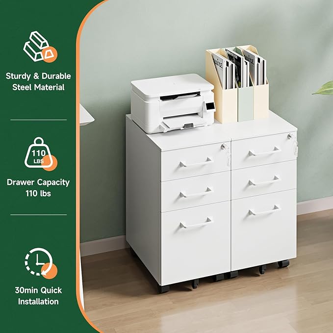 Letaya 3 Drawer Mobile File Cabinet with Lock,Under Desk Metal Filing Cabinets for Home Office Organizer,Small Rolling Printer Stand with Wheels,for Letters/Legal/A4(Assembly Required) (White)