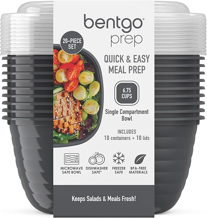 Bentgo Prep - 1-Compartment Bowls with Custom Fit Lids - Reusable, Microwaveable, Durable, PFAS & BPA-Free, Freezer and Dishwasher Safe Meal Prep Food Storage - 10 Bowls & 10 Lids (Graphite)