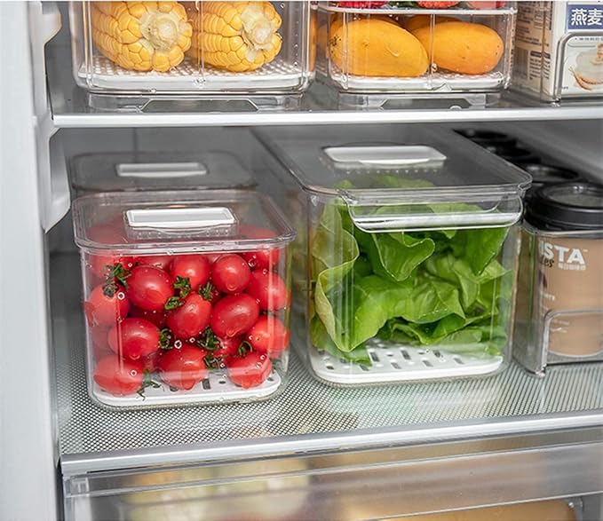 Slideep Food Storage Containers Produce Saver with Lids, Stackable Refrigerator Freezer Organizer Bins with Removable Drain Tray, Fridge Fresh Keeper for Veggie, Berry, Fruits, Vegetables 3 Pack