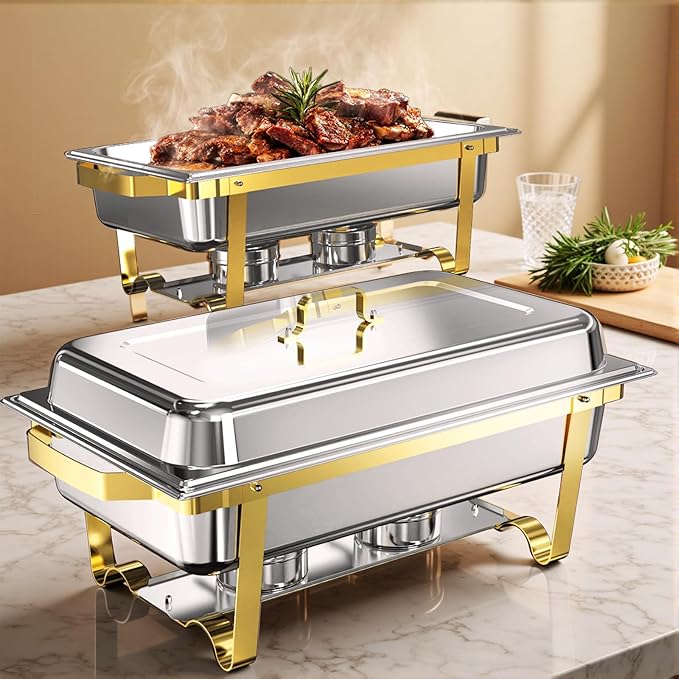 Chafing Dishes for Buffet 2 Pack, 11QT [Large Size and Sturdy] Stainless Steel Food Warmers for Parties Buffet [Elegant Gold and Silver Colors] Catering Supplies Buffet Display
