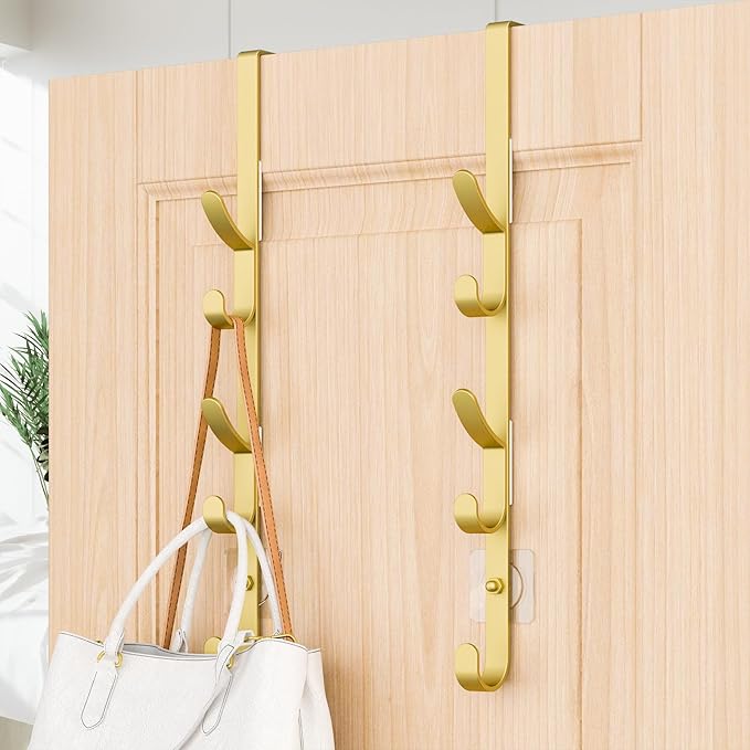 Over The Door Hooks, Metal Door Hooks for Hanging, Over The Door Purse Organizer for Door Coat Hanger, Back of Shower for Hanging Towel Rack Clothes, Hat, Bathroom, Closet (Gold-2Packs)