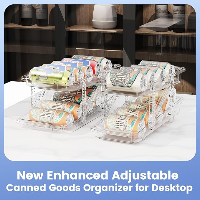 Drink Organizer for Fridge Soda Holder for Refrigerator Can Dispenser,Adjustable Width Can Holders for Fridge Suitable for Storage Cabinet and Pantry Clear (2 Pack)