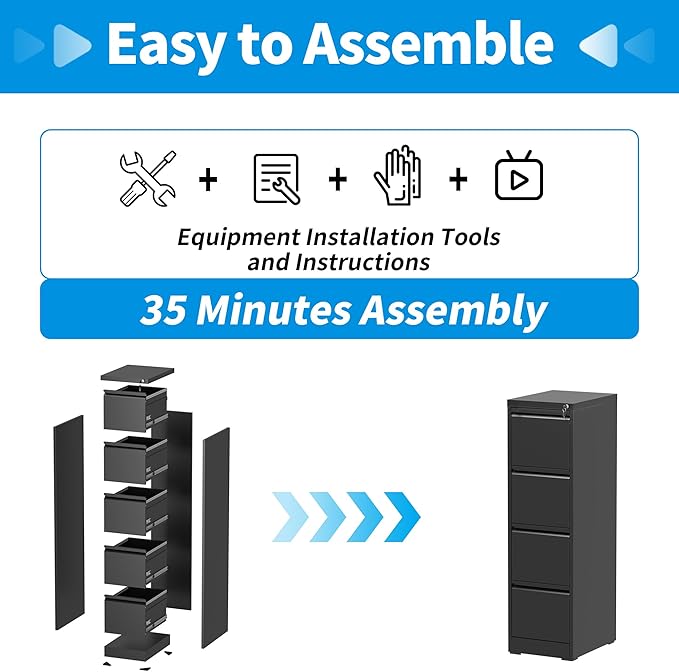 Metal File Cabinet 4 Drawers, Vertical Filing Cabinet for Home Office, File Cabinets with Lock for Legal Letter Size Hanging File Folders Storage Cabinet, (Black)