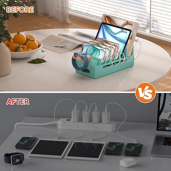 Pezin & Hulin Bamboo Charging Station with Watch Stand, Docking Holder for Multi Device with 5 Charge Cables, Desktop Dock Stations Electronic Organizer for Cellphone, Tablet, Watch-Teal