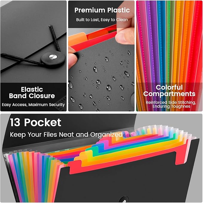 13 Pocket Accordion File Organizer with Elastic Closure, Expanding File Folder for Letter Size A4 Papers, Ideal for Home, Office Supplies, College Essentials - Black