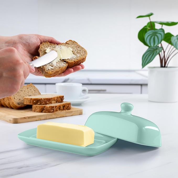 Zulay Butter Dish With Lid For Countertop - Porcelain White, Ceramic Butter Dish with Knob Handle Great for Cooking - Elegant Design Butter Holder - Durable & Sturdy Butter Keeper - Mint