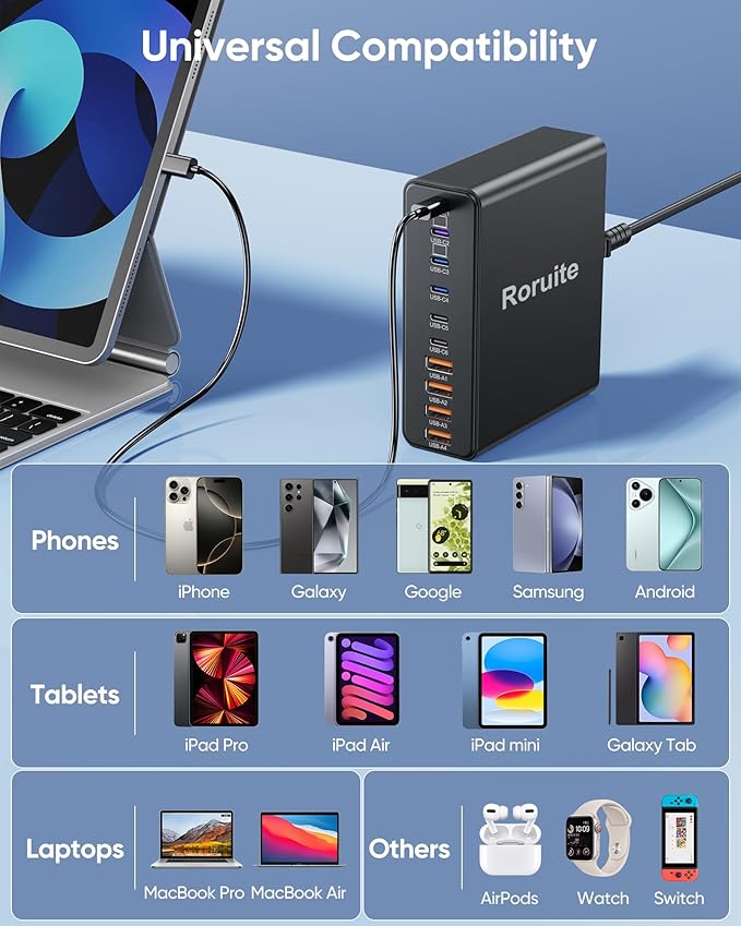 460W USB C Charger Block, 10-Port Charging Station GaN Fast Charger Block Type C & USB A Wall Charger, Dual 65W Laptop Multiport for iPhone 17, iPad, MacBook Pro/Air, Samsung Galaxy, Android(Grey)