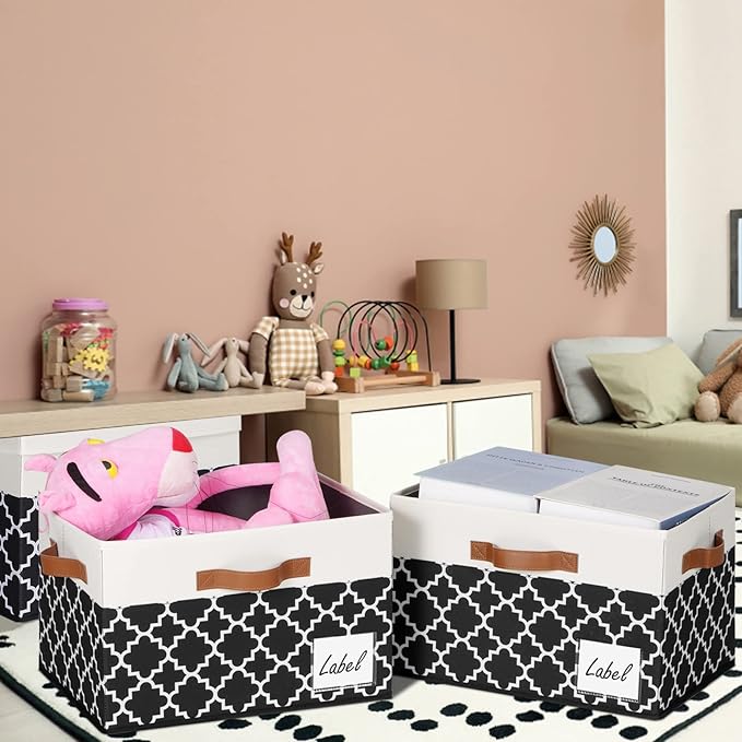 GhvyenntteS Extra Large Storage Bins with Lids, Foldable Fabric Storage Boxes with Lids and 3 Handles, Storage Baskets with Label Window (3 Pack, White&Lattice Black, 15.75x11.8x10.2)