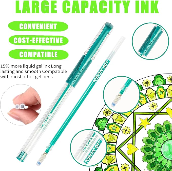 Green Gel Pens for Coloring Book,72 Color Gel Pens Set including 24 Color Gel Pen with 48 Refills,40% More Ink Colored Gel Pens for Drawing, Doodling, Scrapbook, Journaling