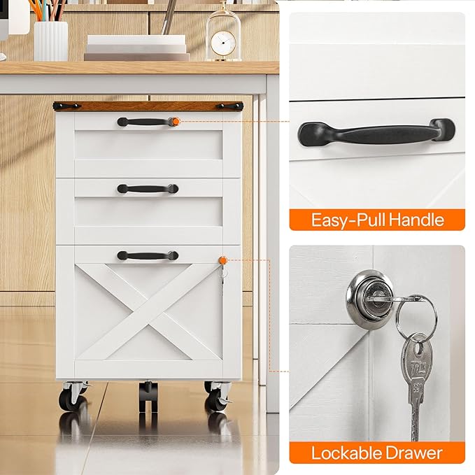 HOOBRO 3 Drawer File Cabinet with Lock, Mobile Farmhouse Filing Cabinet for A4/Letter Size, Under Desk Rolling Office Cabinet, Printer Stand with Storage for Home Office, White and Walnut WH67WJ01