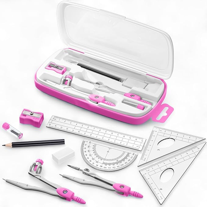 Zonon Math Geometry Set 10 Pcs Student Supplies with Shatterproof Storage Box, Includes Rulers Protractor Compass Pencil Sharpener Lead Refills Eraser Pencil for Drafting and Drawings(Pink)