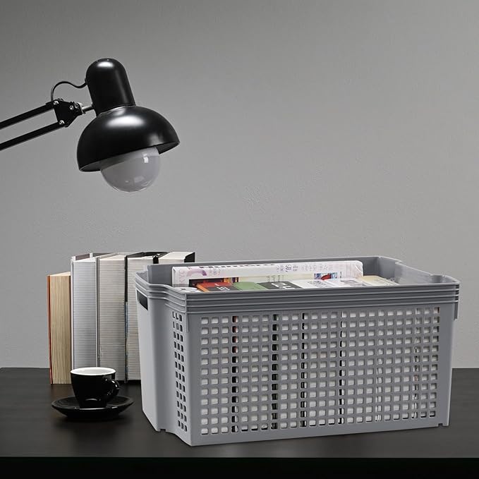 Large Plastic Stacking Storage Baskets, Grey Stackable Storage Bin, 6-Pack