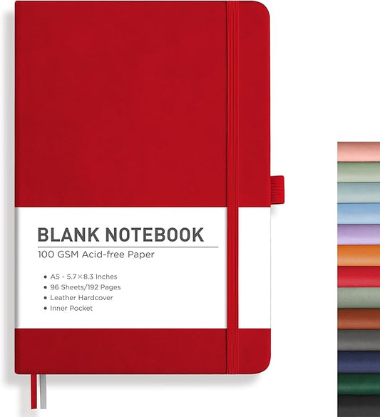 RETTACY Blank Journal Notebook, 192 Pages, A5 Medium Size (5.7'' x 8.3''), Leather Hardcover, 100 GSM Thick Paper, for Sketching, Drawing, Painting (Red)