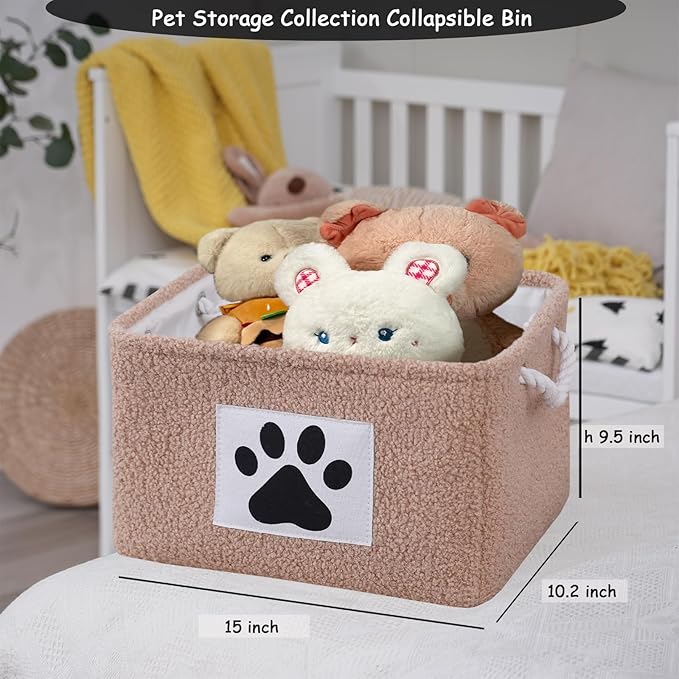 COMFY-HOMI 2Pcs Dog Toy Basket with Metal Collapsible Pet Toy Storage Organizer with Handles-Soft Polyester Fleece Fabric Bin Storage Basket for Shelves, Toys Storage 15"x10.2"x9.5"-Coffee Brown