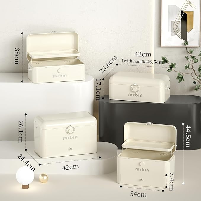 MRBIN Metal 2-Tier Medicine Container Folding Waterproof Safe Boxes and Supply Storage Organizer Empty First Aid Kit for Home Portable Emergency Kit, Cream White