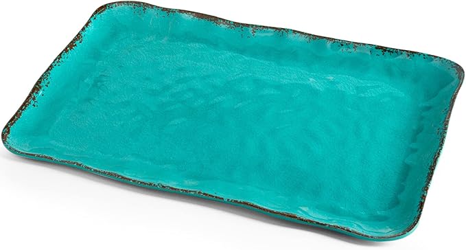 LEHAHA Vintage Melamine Serving Tray Set, Rectangular Large Serving Trays/Platters Set for Serving Food, BPA Free Food Serving Platters and Trays, Set of 2, 17.5"x 10", Teal