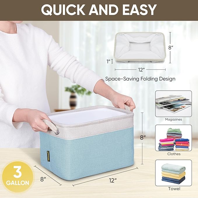 BALEINE 3 Pack Fabric Storage Bins for Shelves, Linen Storage Baskets for Organizing, Decorative Closet Bins for Clothes, Home (Skyblue, 12"x8"x8")