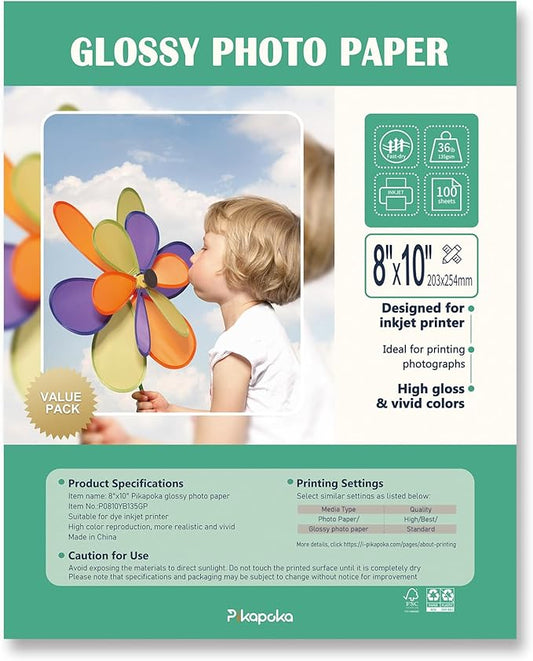 36lb Glossy Photo Paper, 8x10, 8R Size, Thin Glossy Photo Paper for Chip Bags, Inkjet, 100 Pack