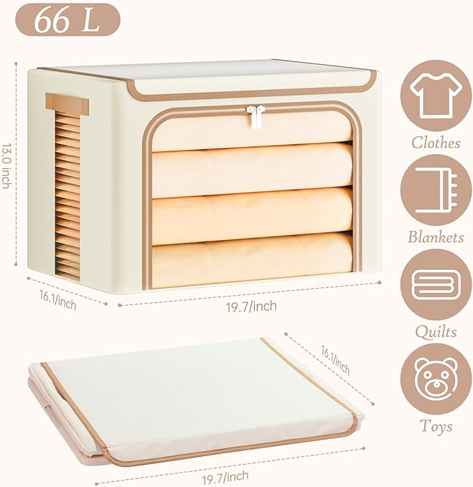 Yecaye Clothes Storage Bins with Metal Frame, Foldable Clothing Storage Bin with Lid, Stackable Oxford Fabric Organizer Box With Clear Window & Zippers & PU Leather Handles (3 Pack,Beige,66L)