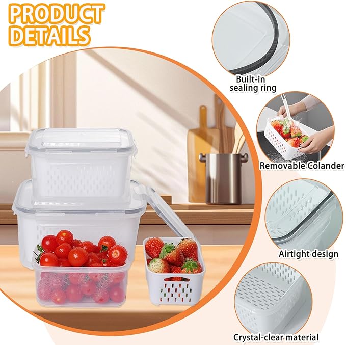 6 PCS Fruit Storage Containers for Fridge with Removable Colanders, Airtight Food Storage Container with Lids, Produce Saver, Leakproof Fridge Organizer Bins for Salad Berry Vegetables Keep Fresh