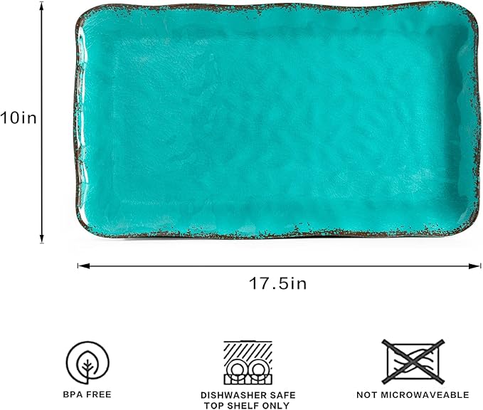 LEHAHA Vintage Melamine Serving Tray Set, Rectangular Large Serving Trays/Platters Set for Serving Food, BPA Free Food Serving Platters and Trays, Set of 2, 17.5"x 10", Teal