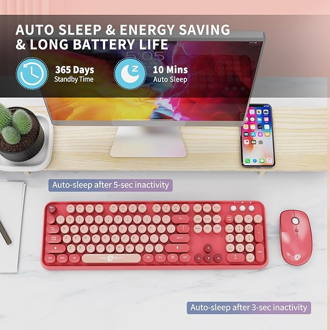 Wireless Keyboard and Mouse Combo, 104 Round Keys Cute Colorful Keyboard and Mouse with Retro Typewriter for PC/Mac/Laptop/Tablet/Computer/Windows Rose