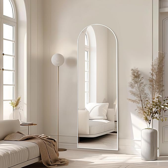 MELOMOIR 56"x18" Arched Full Length Mirror, Free Standing Leaning or Hanging, Thin Aluminum Frame, Tempered Glass, Suitable for Living Room Bedroom Cloakroom Hallway Home Gym, White