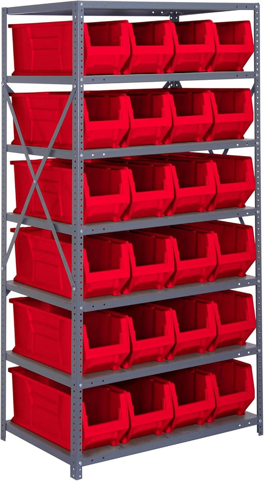 Quantum 2475-951RD Heavy Duty Shelving Unit with (8) Shelves and (24) QUS951 Red Bins for Industrial Warehouse Storage Distribution | 400 lbs Capacity | 24"D x 36"L x 75"H, Galvanized Carbon Steel