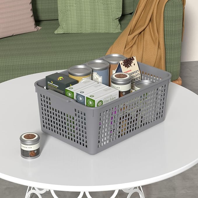 Sandmovie 12-Pack Plastic Storage Basket Desktop Organizer, Large Storage Baskets, Gray