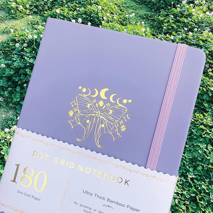 Dotted Notebook Journal 180GSM Bamboo Thick White Paper 160 Pages 5 * 5MM Dot Grid, Lay Flat Binding,Colored Silver Edges, Bookmarks and Expandable Back Pocket (BKP-5)