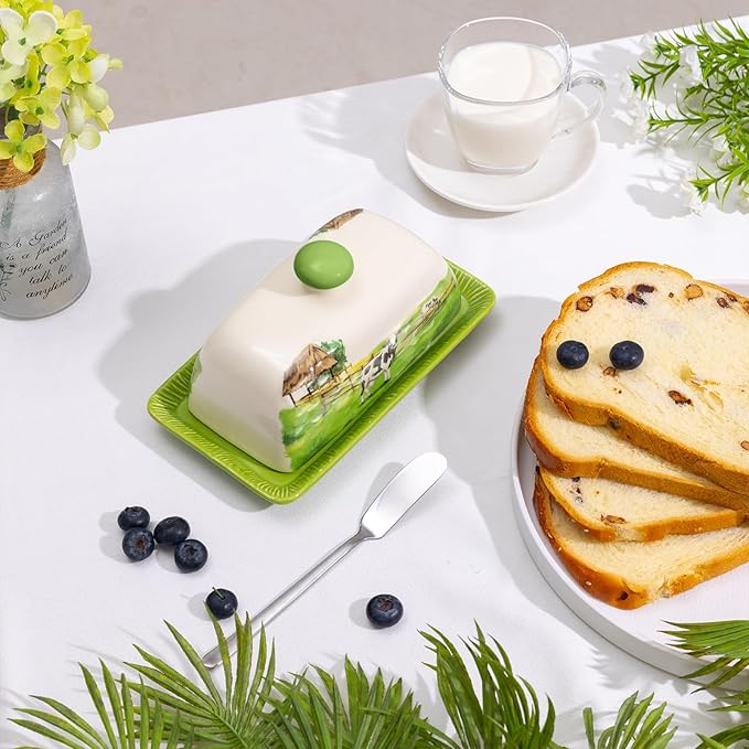 Cow Butter Dish with Lid for Countertop, Large Ceramic Embossed Butter Keeper Holder Storage, Farmhouse Butter Container Tray for East West Coast Butter Cow Kitchen Decor