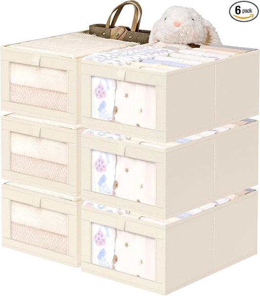 Criusia 6 Pack Linen Closet Organizers and Storage, Large Linen Closet Baskets for Organization, Foldable Storage Containers for Clothing, Towels, Toys, Jeans, Books, Shelves, Beige