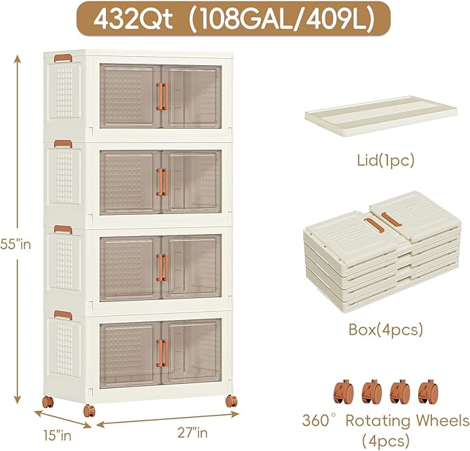 JEKO&JEKO 432 Qt Plastic Storage Bins with Lids, Doors & Wheels, 4 Pack Extra Large Stackable Collapsible Storage Cabinets and Closet Organizers for Home Office, Cream