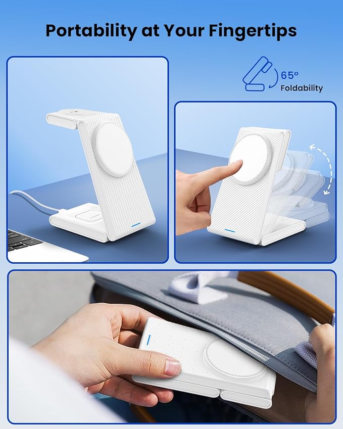 3 in 1 Wireless Charging Station, Foldable Magnetic Wireless Charger Stand for Multiple Devices, Wireless Charger for iPhone 16/15/14/13/12, Apple Watch 9/8/7/6/SE/5/4/3/2, AirPods 3/2/Pro
