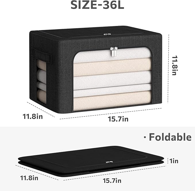 CYhom Clothes Storage Bins Box - Linen Fabric Foldable Stackable Container Organizer Set with Clear Window & Carry Handles & Metal Frame (Black, Medium-36L)