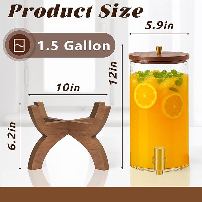 Glass Drink Dispenser,1.5 Gallon Beverage Dispenser with Stand,Lemonade Dispenser with Stainless Steel Faucet,Drink Dispensers for Parties, Bars and Home