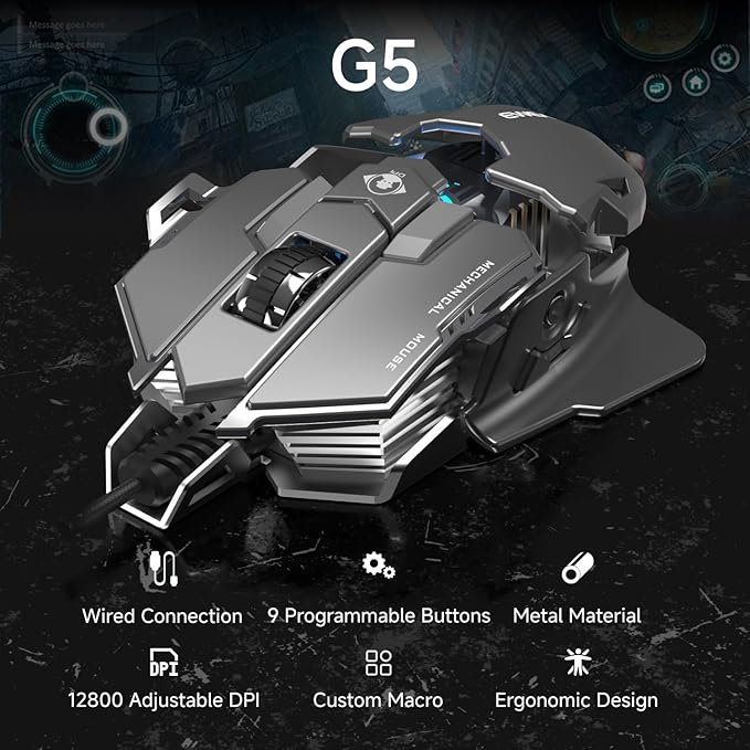 EWEADN G5 Wired Gaming Mouse, Ergonomic RGB Computer Mouse, 12800 Adjustable DPI, 9 Programmable Macro Buttons with Rapid Fire Key Compatible for PC/Laptop/Windows-Grey&White