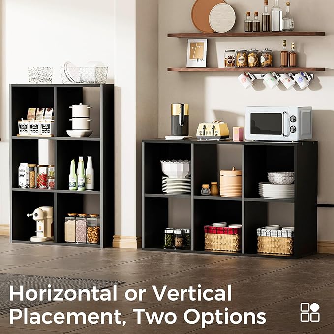 COMHOMA 6 Wood Cube Storage Organizer with Open Back and Removable Back Panels, 11In Black Cube Storage Bookshelf, Cubicle Shelf Bookcase for Home Office Bedroom Living Room, Vertical or Horizontal