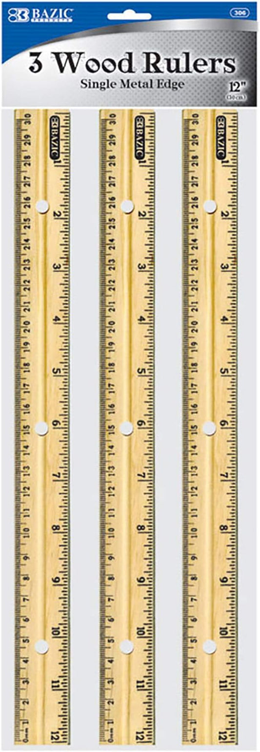 BAZIC Wooden Ruler 12" (30cm), Singel Metal Edge, Inches Centimeter Metric Measuring Drafting Rulers, for Students School Supplies (3/Pack), 24-Packs