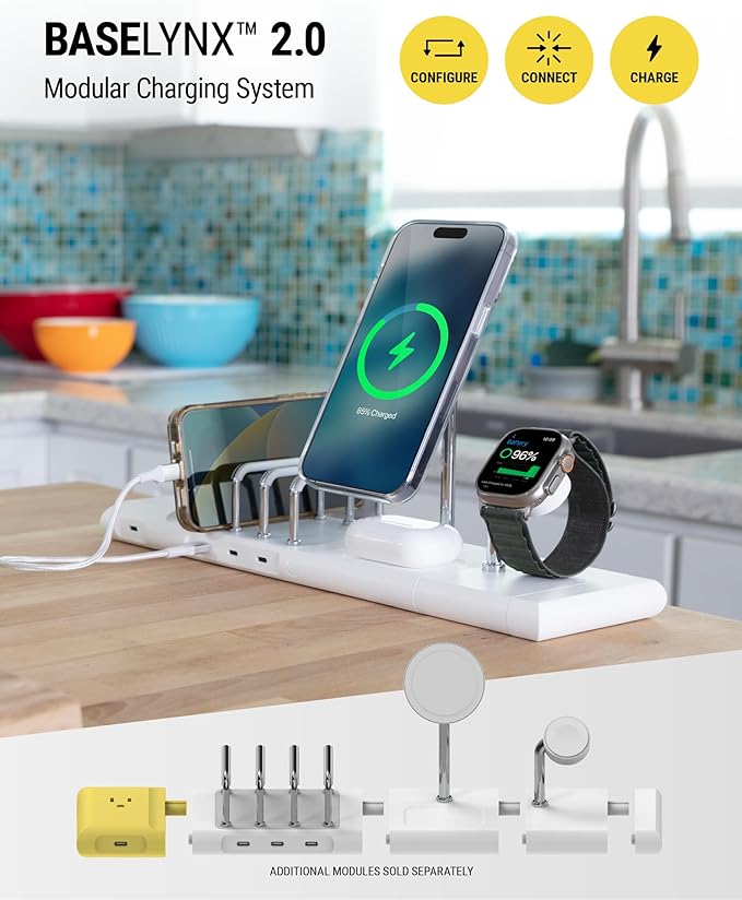 Scosche BL2PEACWT-AP BaseLynx™ 2.0 End Cap Modular System, 67W USB-C Charger Port & AC Outlet Extension Compatible with Apple iPhone, iPad, MacBook & More, Charging Station for Multiple Devices, White