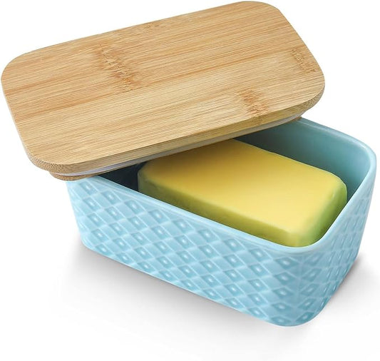 Hasense Farmhouse Butter Dish with Lid for Countertop, Butter Keeper & Holder, Butter Container for Fridge with Wooden Freshness Seal, Enhance Kitchen Decor, Holds Two Sticks of Butter, Turquoise