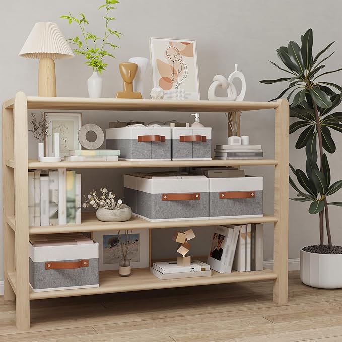 OUTBROS Storage Bins,Foldable Storage Baskets for Organizing,Fabric Storage Boxes With Handles,For bedrooms, living rooms, Shelves,Gray/White,15x6.1x5.1in,3-Pack