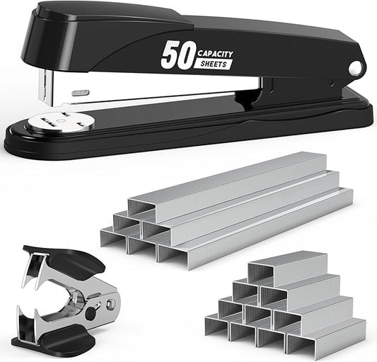 Metal Stapler Heavy Duty 50 Sheet Capacity with 1750 Staples and Staple Remover, Full Strip Staplers for Desk, No Jam, Non-Slip for Office & Classroom, Black
