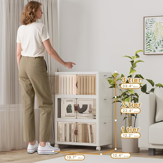 Extra Large Stackable Storage Bins with Lids & Wheels, Foldable Collapsible Closet Organizers Storage Cabinet with Doors for Bedroom Dorm (White, 165QT-55QT/14GAL*3Pack)