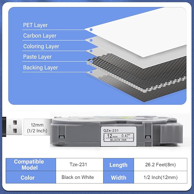 8Pack TZe-231 Tape Label Maker Compatible with Brother P-Touch TZe-231 Tape, TZE231 ½” 0.47”x 26.2 ft Laminated Black on White, for use with PT-D210, PT-H110, PT-D220, PT-D410, PT-D600