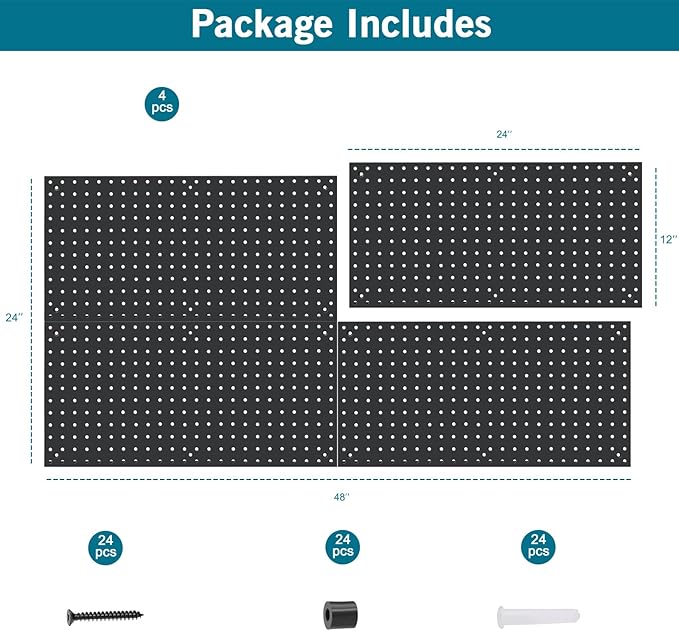 4 Pack 12-Inch X 24-Inch Metal Pegboard Wall Panels, Peg Boards for Garage Tool Storage (Black1224)